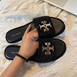 Tory Burch Black Rhinestone Everly Slide Sandals
